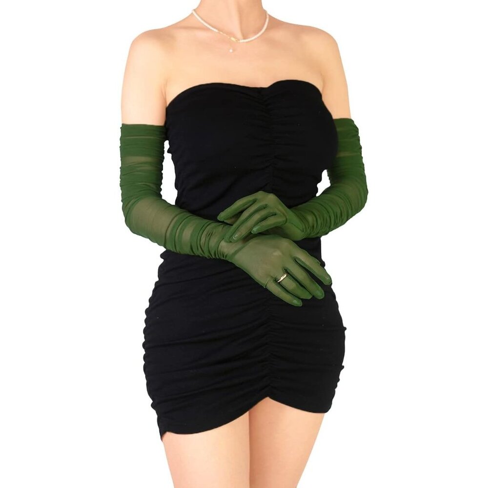 Women's Dark Green Sexy Tulle Sheer Mesh Long Gloves Opera Party Prom Costume - Picture 4 of 6